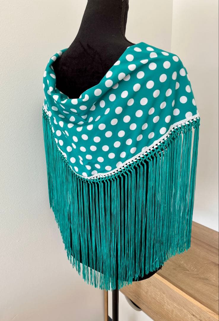 フラメンコ マントンシージョ ブルーグリーンxホワイト水玉　ブルーグリーンフレコ