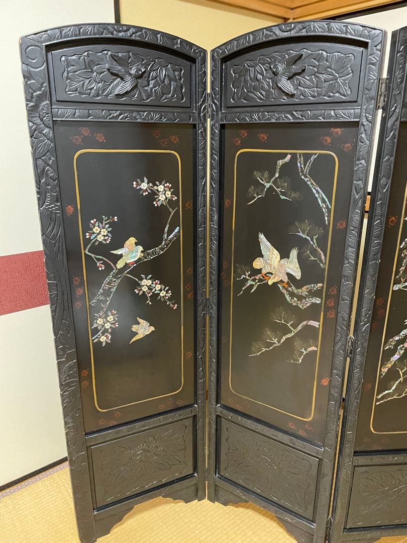 螺鈿細工 四曲屏風 大型 木製 アンティーク 和家具 インテリア