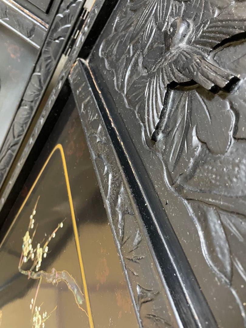 螺鈿細工 四曲屏風 大型 木製 アンティーク 和家具 インテリア