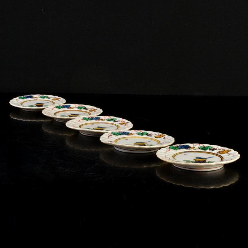 九谷焼　古九谷　角福銘　色絵花鳥文　輪花皿　手塩皿　小皿　五客　V　R7321