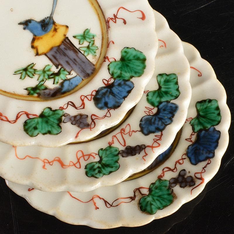 九谷焼　古九谷　角福銘　色絵花鳥文　輪花皿　手塩皿　小皿　五客　V　R7321