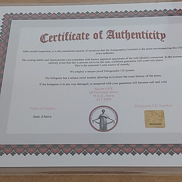 ホセ・アルトゥーベ(ヒューストン・アストロズ)直筆サイン入りフォト証明書付き