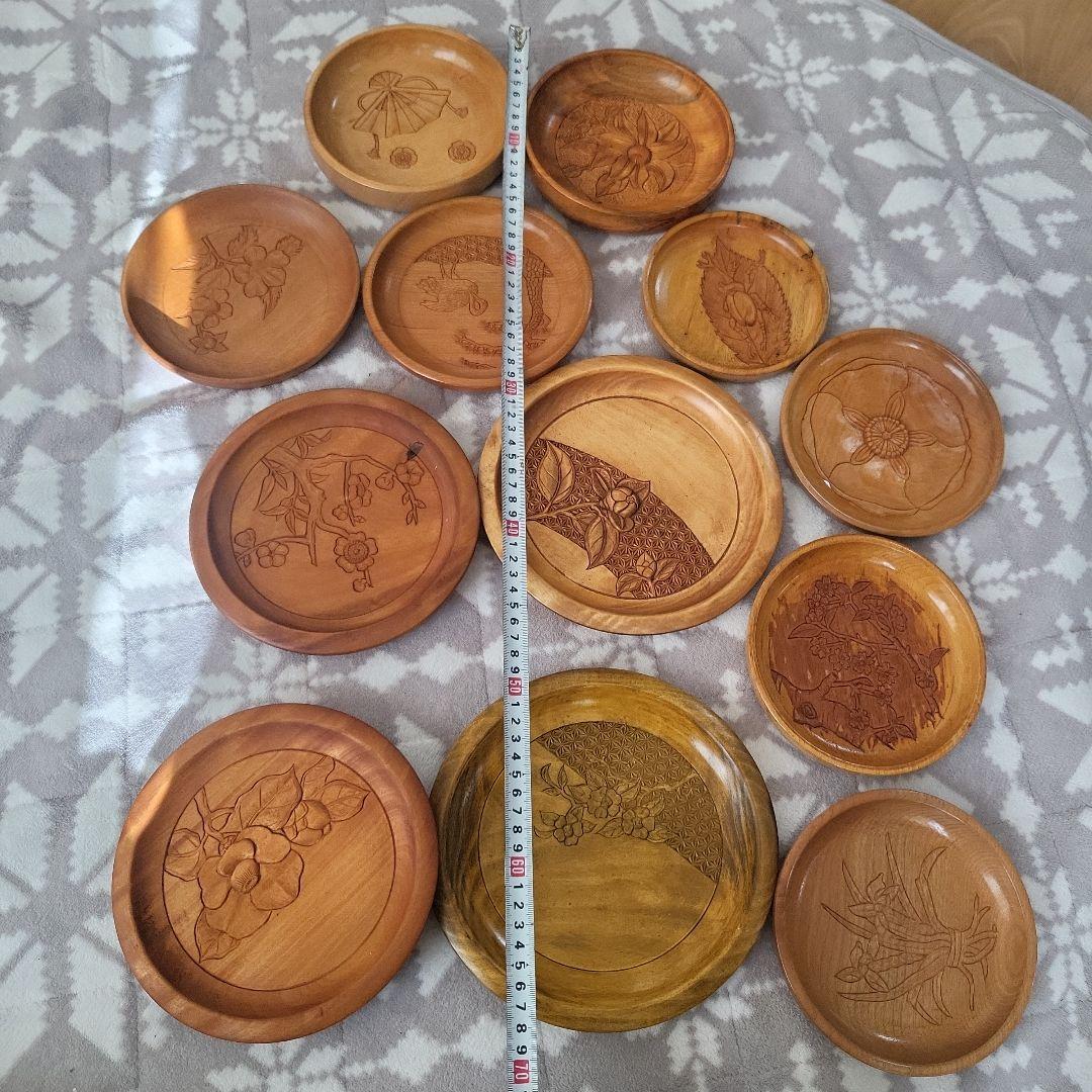 木製 彫刻盆 12枚セット お盆 宮島彫 お菓子 茶 鶴 桜 牡丹 扇 レトロ