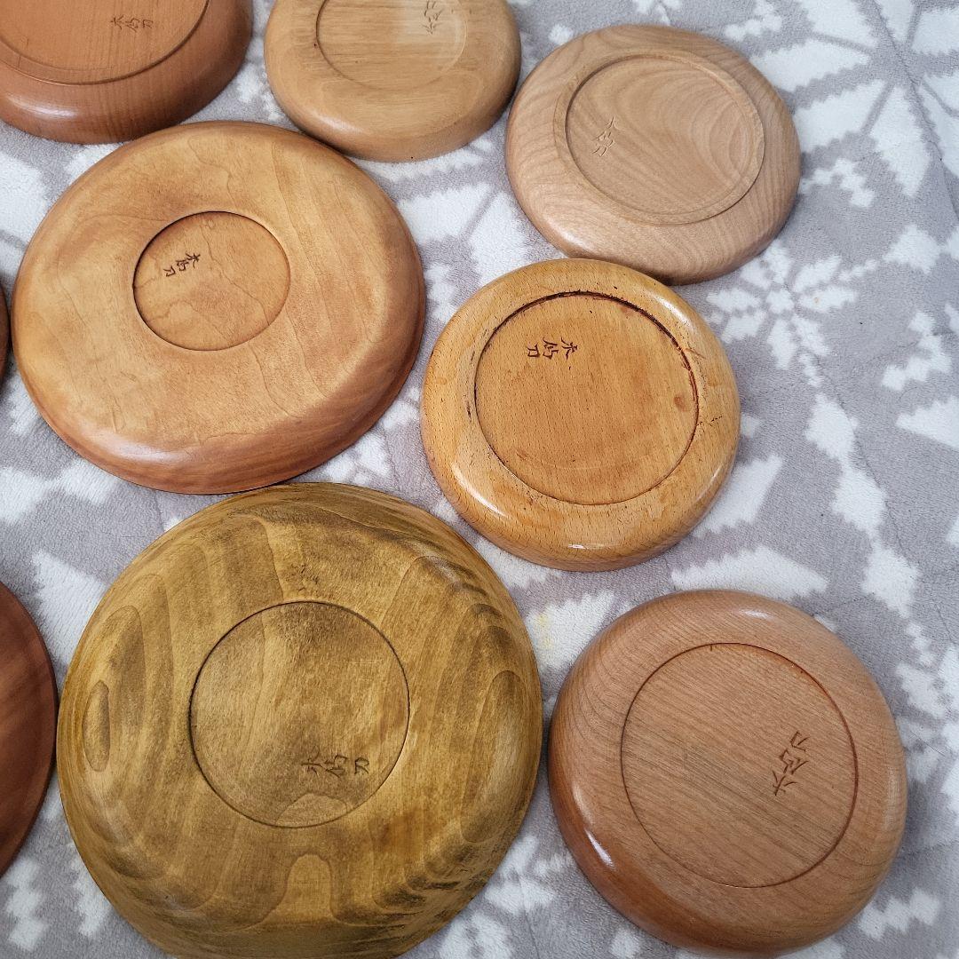 木製 彫刻盆 12枚セット お盆 宮島彫 お菓子 茶 鶴 桜 牡丹 扇 レトロ