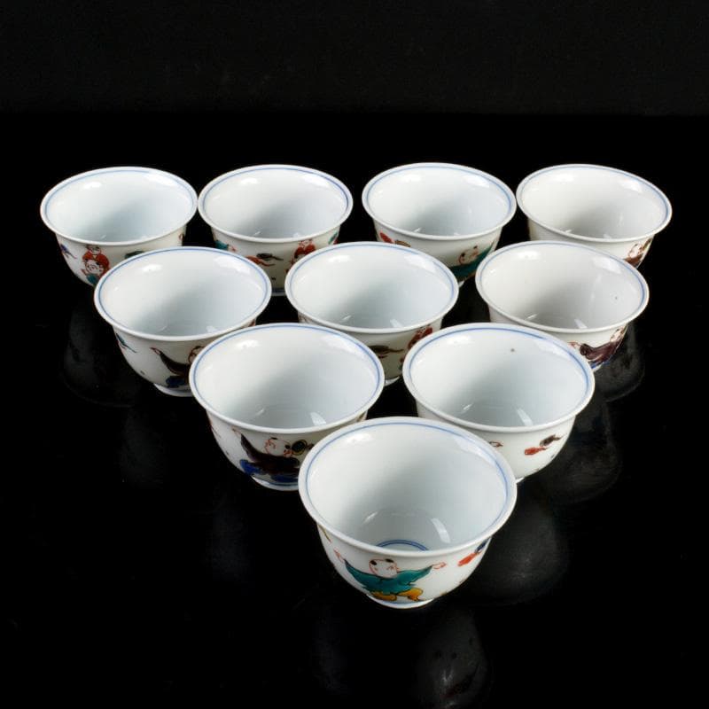 九谷焼　堀江青光作　色絵唐子文　波出茶碗　10客　共箱　V　6261