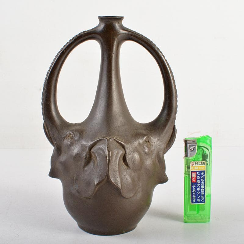 時代金工　古銅　双象瓶　一輪挿し　合わせ箱付　M　R6046