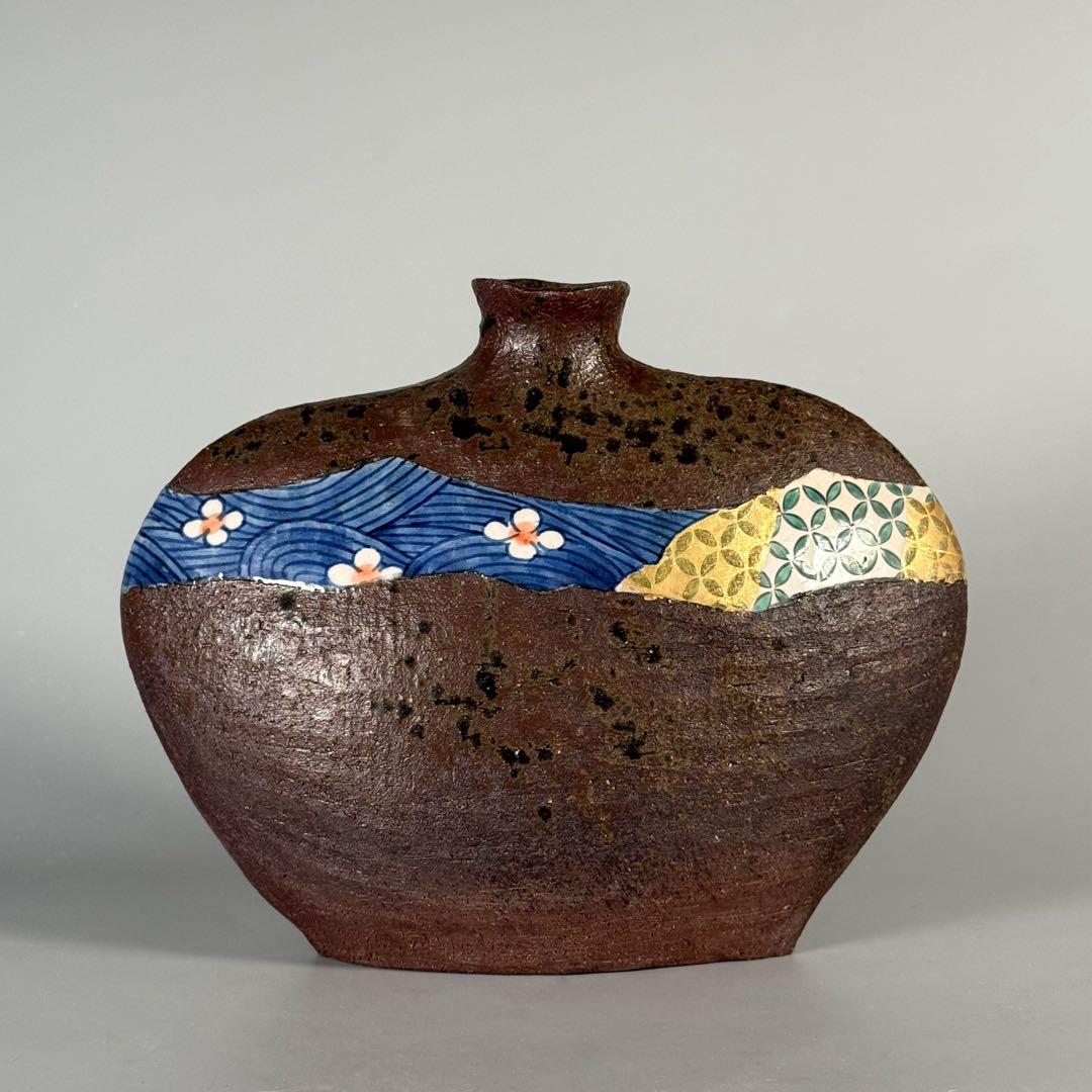 【中村梅山 造】象嵌色絵扁壷 在銘 飾壺 陶芸家 加賀の仁清 花入 花瓶 華道具