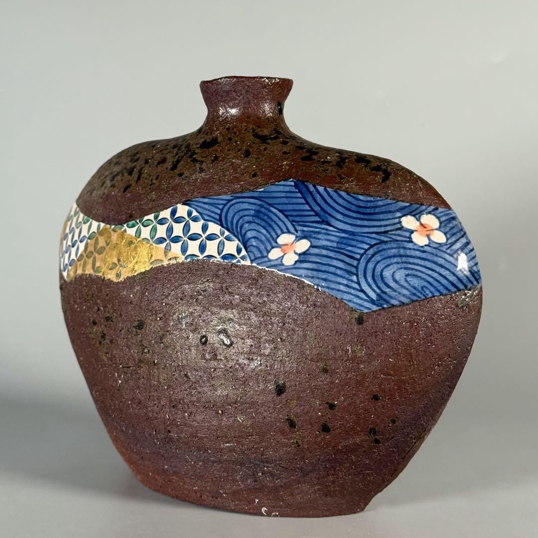 【中村梅山 造】象嵌色絵扁壷 在銘 飾壺 陶芸家 加賀の仁清 花入 花瓶 華道具