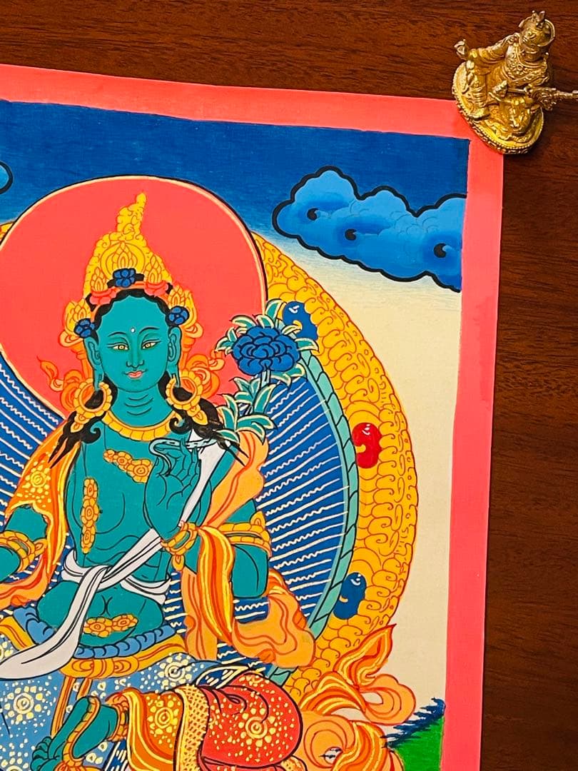 手描き 肉筆画 グリーンターラー 緑多羅菩薩 タンカ 曼荼羅 38 × 26