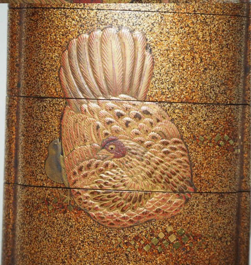 送料無料　江戸時代　極上品（在銘）本金梨子地螺鈿蒔絵 鶏図印籠 人物根付 木箱付