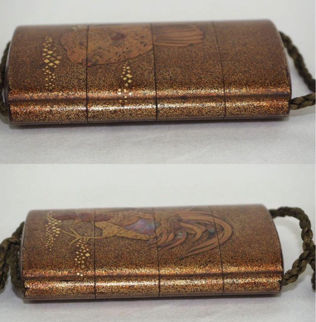 送料無料　江戸時代　極上品（在銘）本金梨子地螺鈿蒔絵 鶏図印籠 人物根付 木箱付