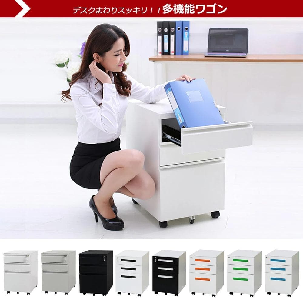 超人気！オフィスワゴン3段組立て不要 キャスター付き 鍵付き60cm（グレー）