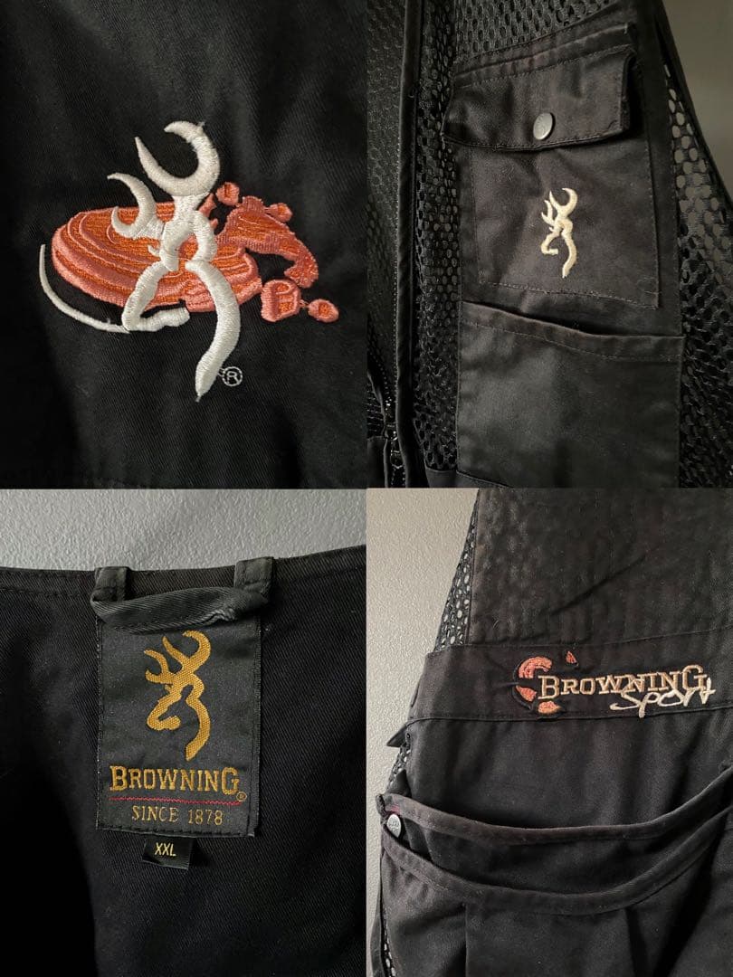 古着 ビンテージ 80s フィッシング ベスト黒 刺繍 XXL ミリタリー 希少