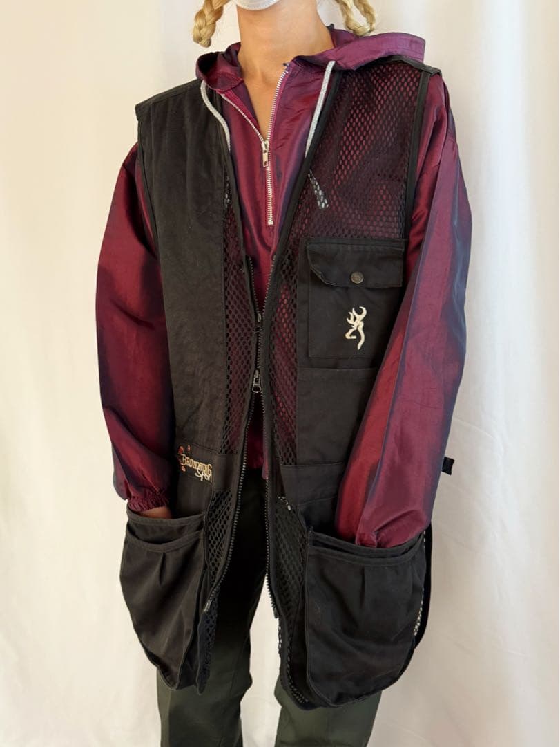 古着 ビンテージ 80s フィッシング ベスト黒 刺繍 XXL ミリタリー 希少