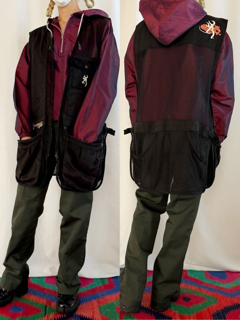 古着 ビンテージ 80s フィッシング ベスト黒 刺繍 XXL ミリタリー 希少