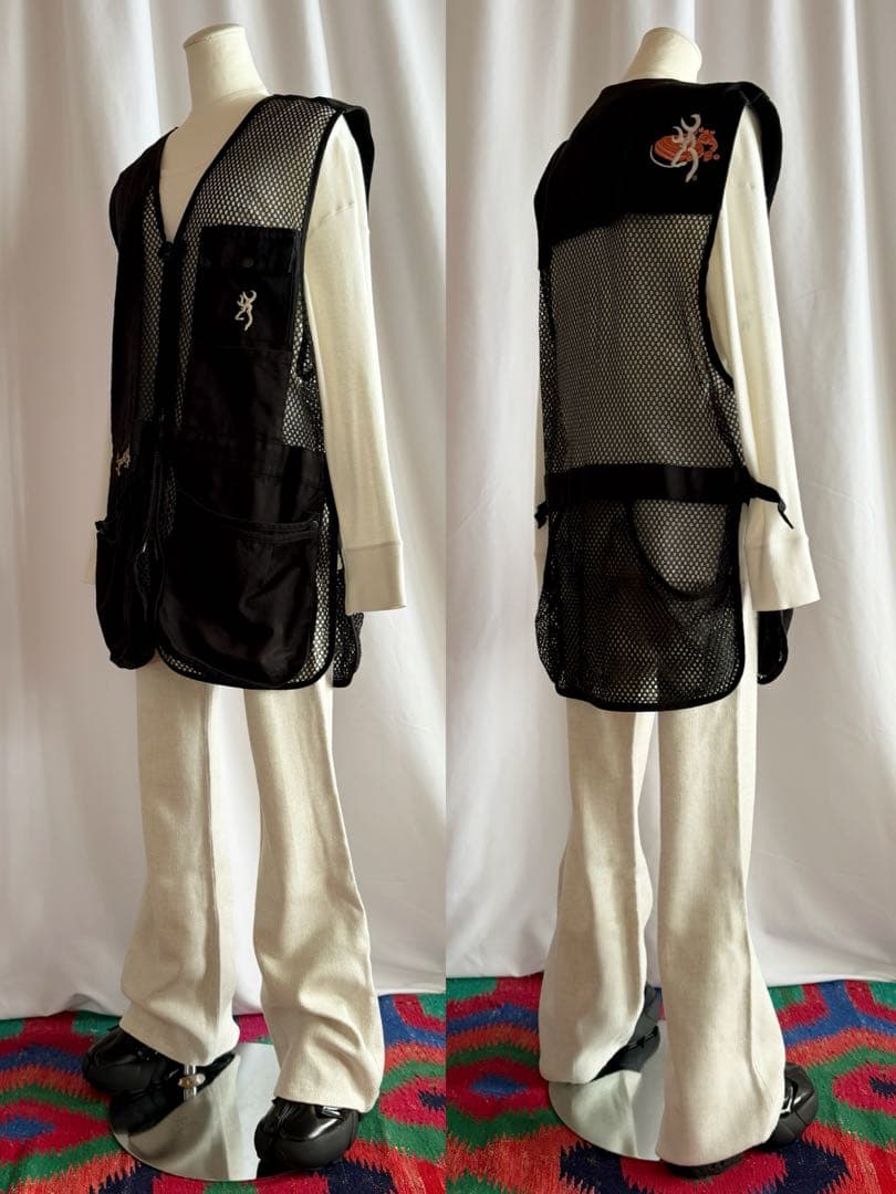 古着 ビンテージ 80s フィッシング ベスト黒 刺繍 XXL ミリタリー 希少