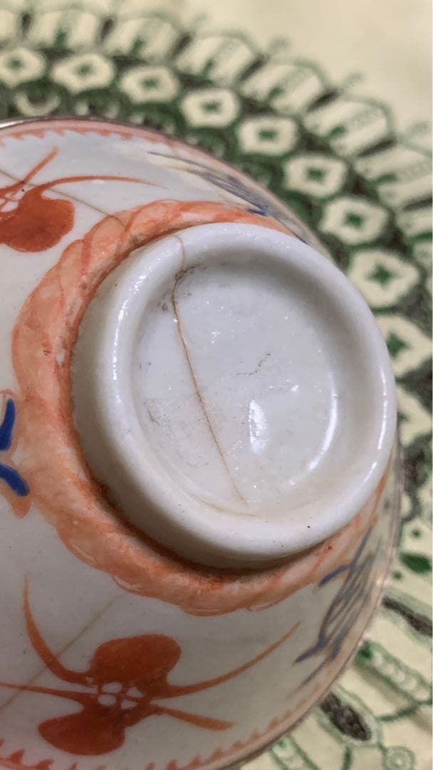 古渡　銀履輪　ビンテージ　中国明朝？薄手白地紅緑彩　猪口　茶杯　茶碗　湯呑