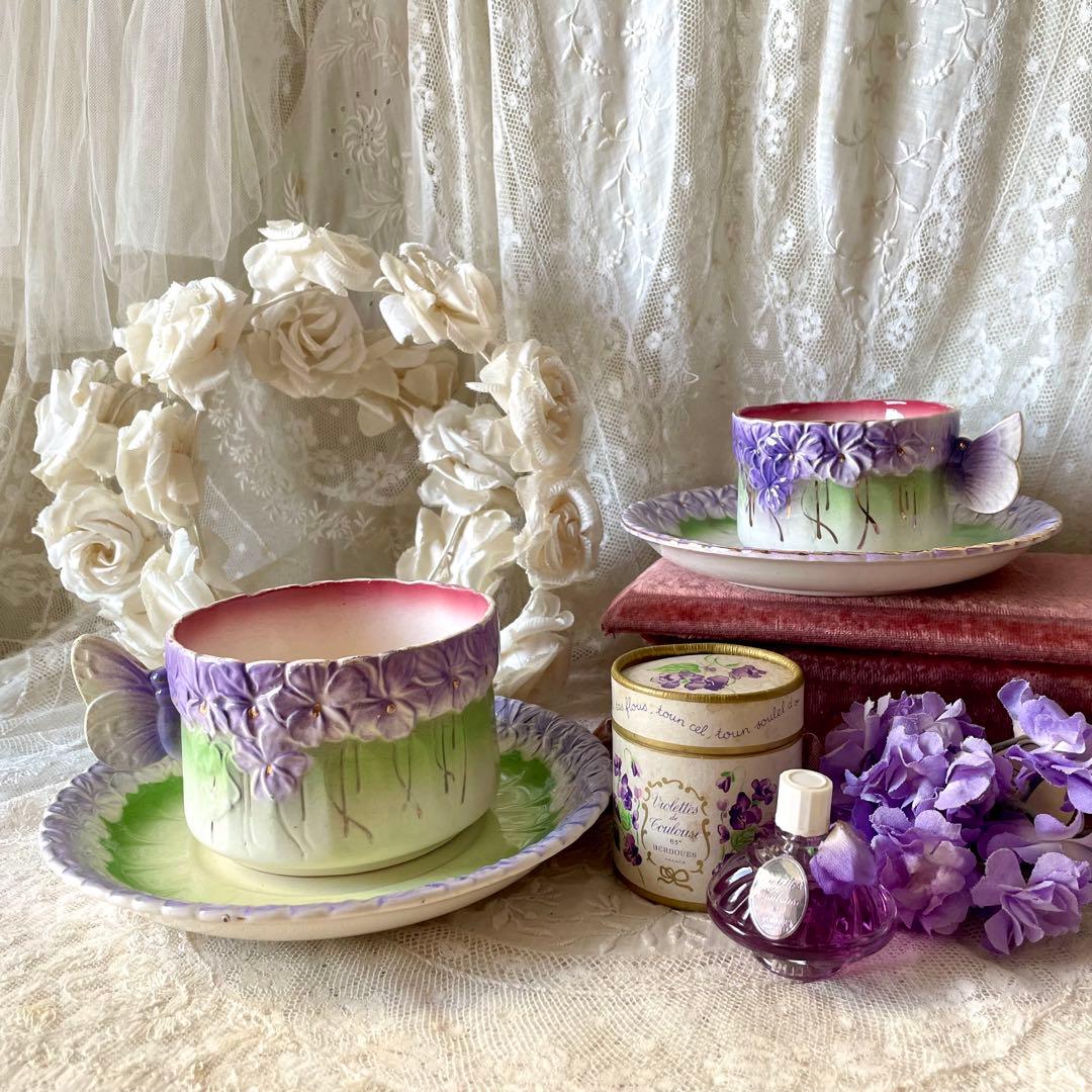 【レア】蝶とすみれのバルボティーヌショコラカップ　C&S フランスアンティーク