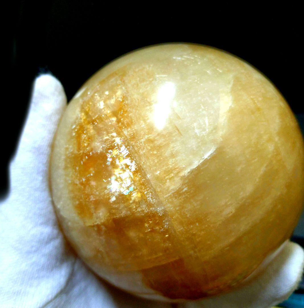 ハニーカルサイト　丸玉　スフィア　約1.4Kg　木製台座付き　③