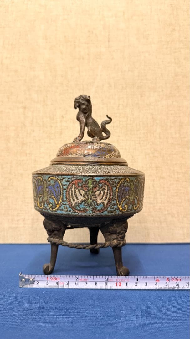 極上装飾】景泰藍（七宝）獅子蓋香炉｜古銅＋七宝細工｜幅13×高さ21cm