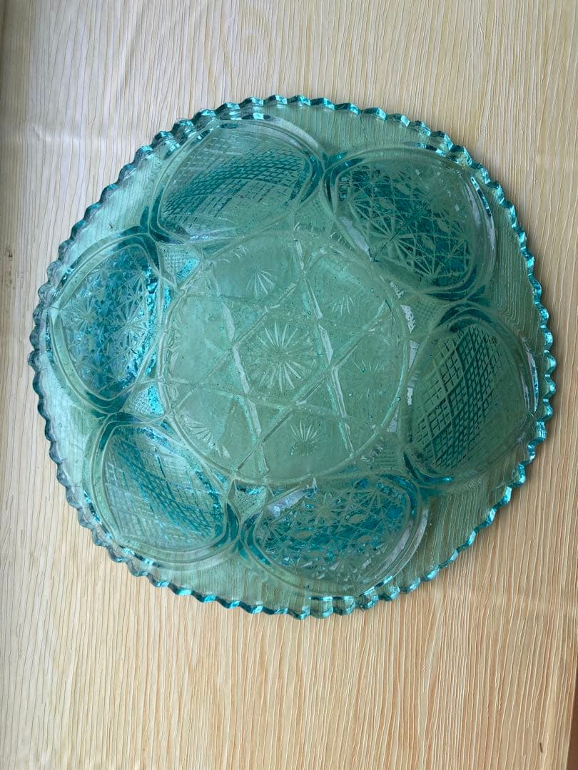 アンティーク 透明青色格子模様ガラスの器