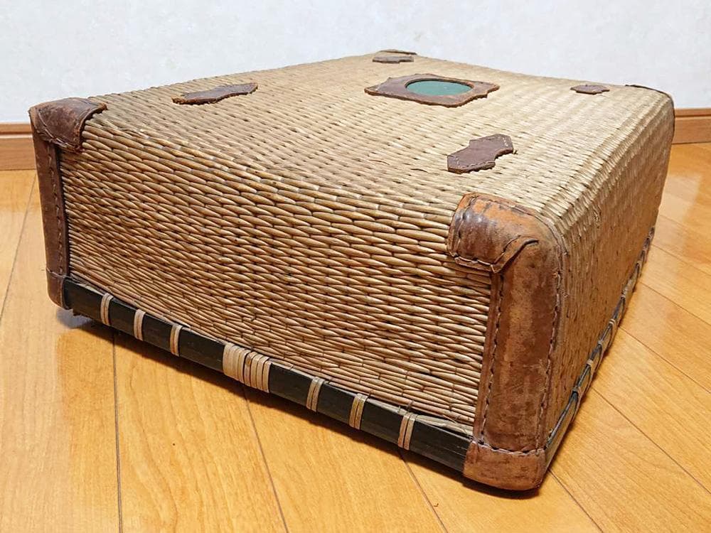 【木】　★ 竹木 柳編み収納鞄 ★　時代物　柳枝 本革 店舗什器　民俗雑項