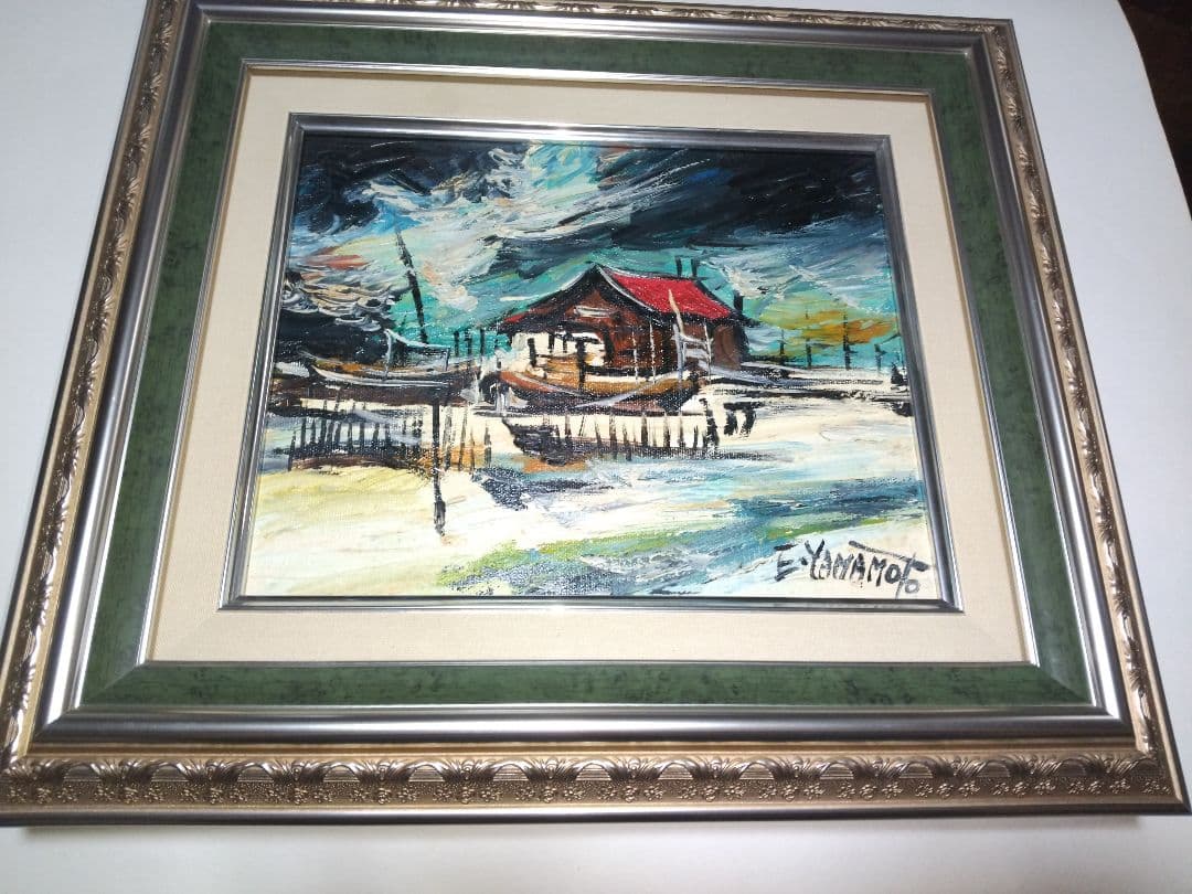 絵画、油彩、３号、夜の海、山本英二、額縁付き、真作、肉筆。