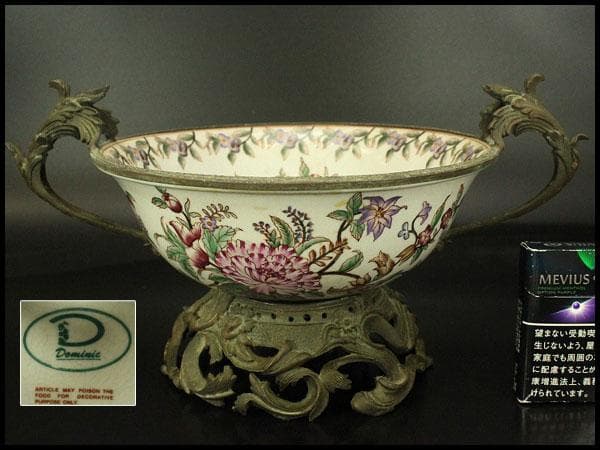 中国美術 色絵 ブロンズ 台 耳付 碗 34.3cmx24cm(LC603)