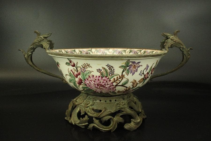 中国美術 色絵 ブロンズ 台 耳付 碗 34.3cmx24cm(LC603)