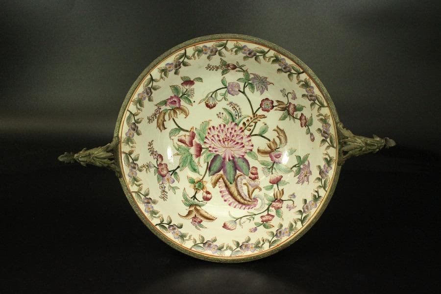 中国美術 色絵 ブロンズ 台 耳付 碗 34.3cmx24cm(LC603)