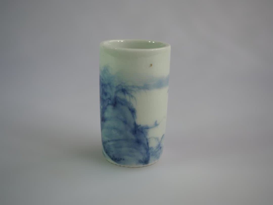 初代大丸北峰造『染付山水絵茶巾筒』（共箱）