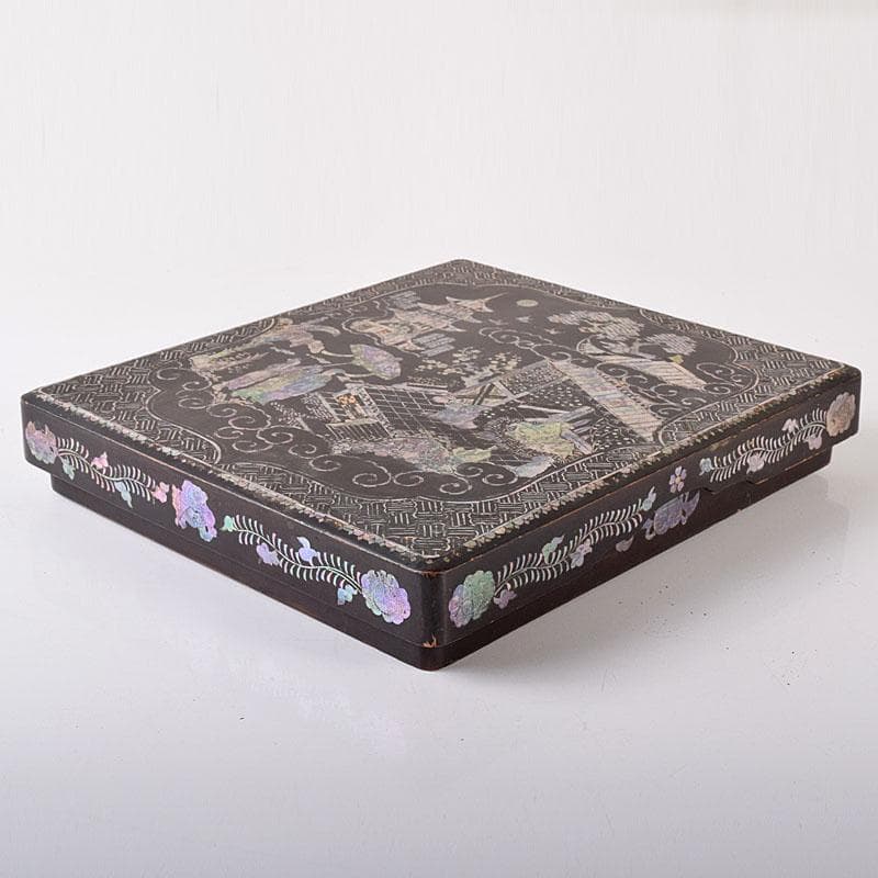 さき　中国　黒漆　螺鈿装飾山水人物文　硯箱　硯　墨　水滴一式　GR8428