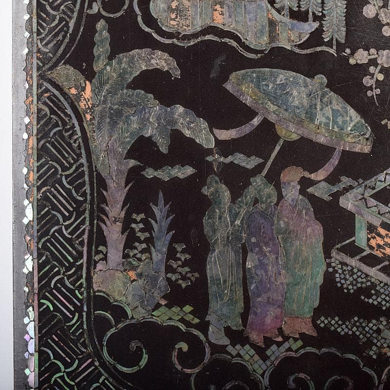 さき　中国　黒漆　螺鈿装飾山水人物文　硯箱　硯　墨　水滴一式　GR8428