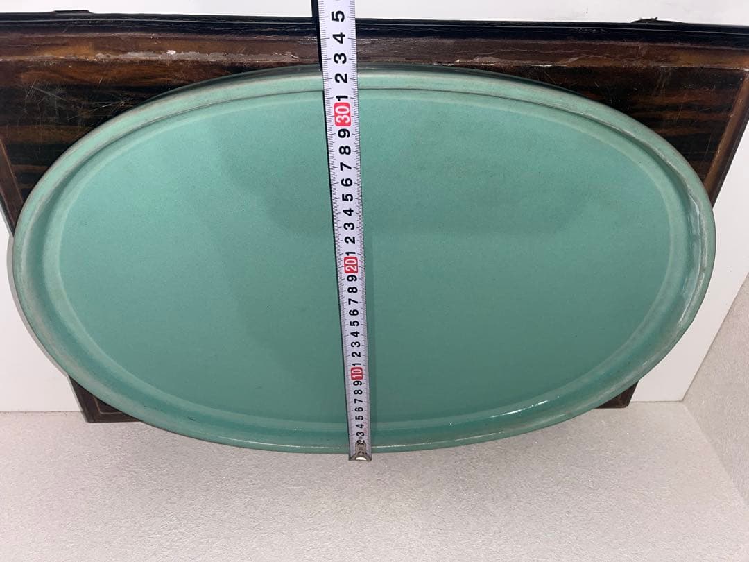 中国宜興　緑釉窯変結晶切立切足楕円水盤　 発色抜群 落款　盆栽鉢