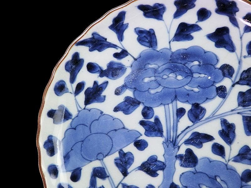 古伊万里　染付　牡丹に牡丹唐草の図　６寸皿　江戸期　F173AS-fbqu