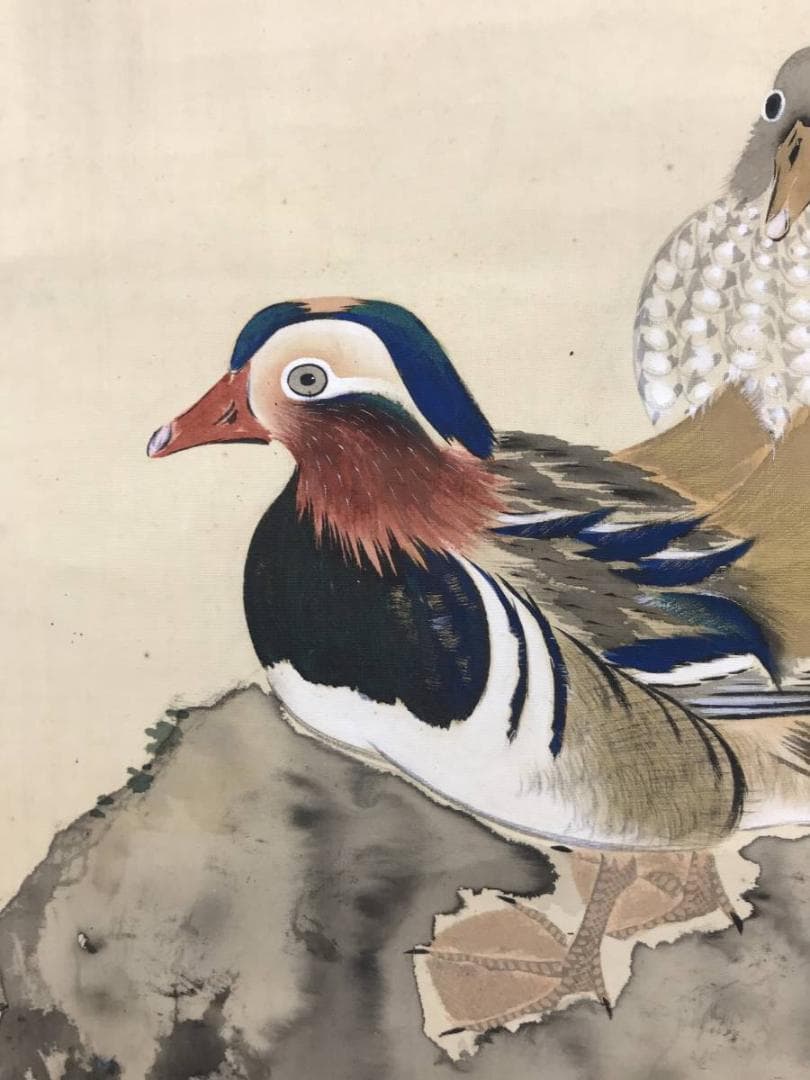 【真作】景秀/夏渓オシドリ図/オシドリ図/滝図/掛軸/名家伝来/AB-941