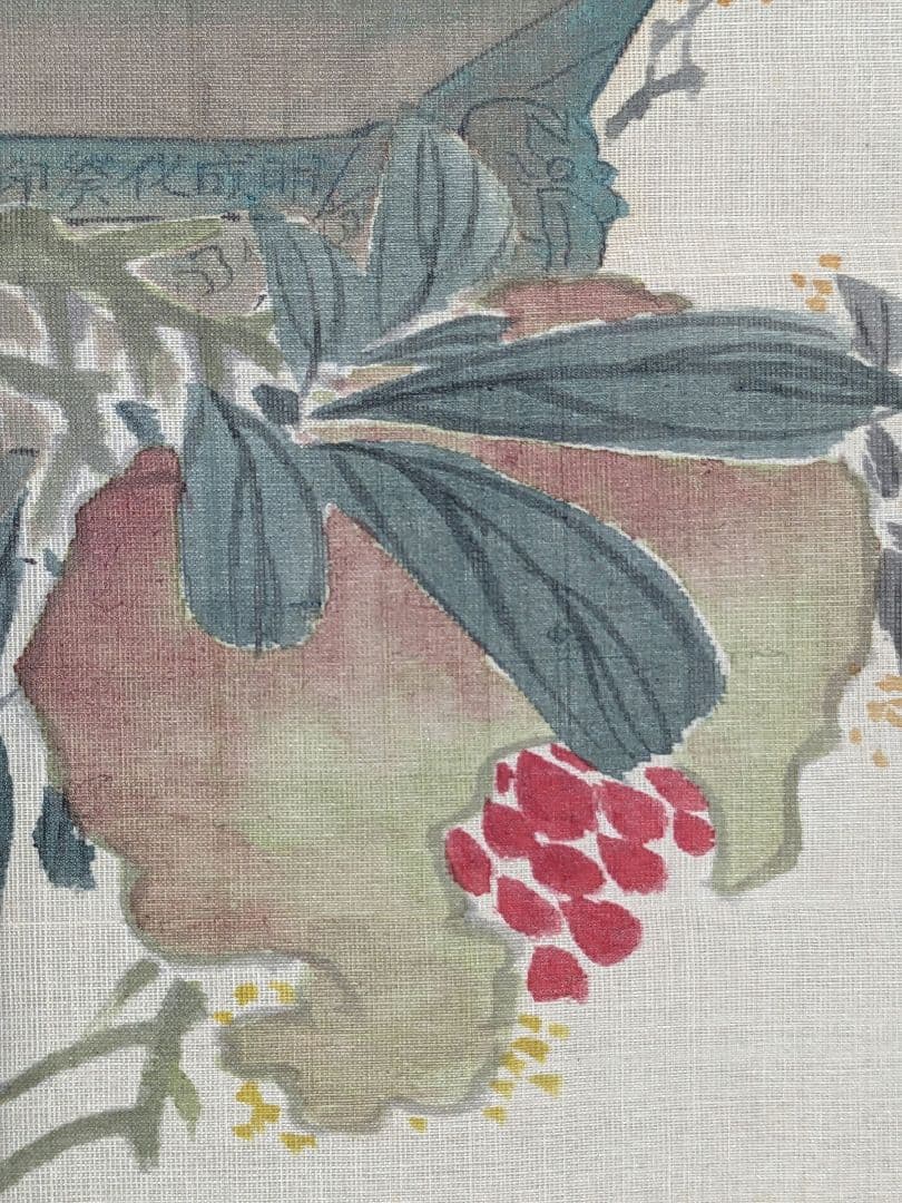 ♦中国書家 絹本墨彩色画 青銅器に柘榴図 茶掛け 掛け軸 水墨画 書画 骨董品