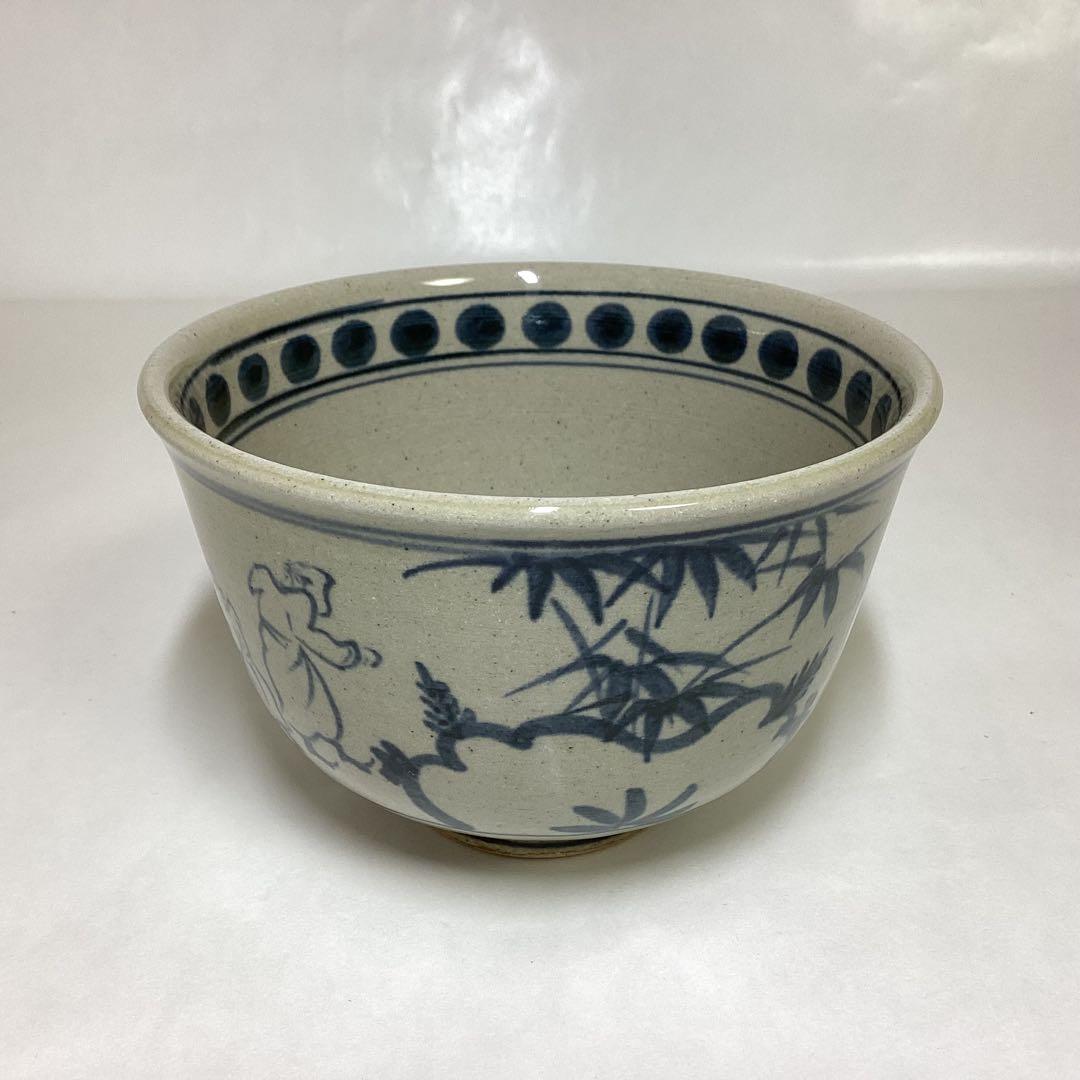 茶碗 安南写 七賢人の絵「円に福」膳所焼 陽炎園 木箱入 茶道具 古物品