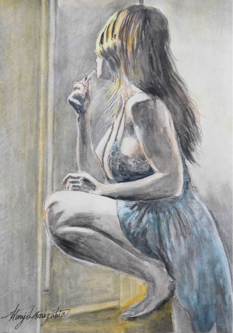 水彩画　絵画　 「化粧直し」