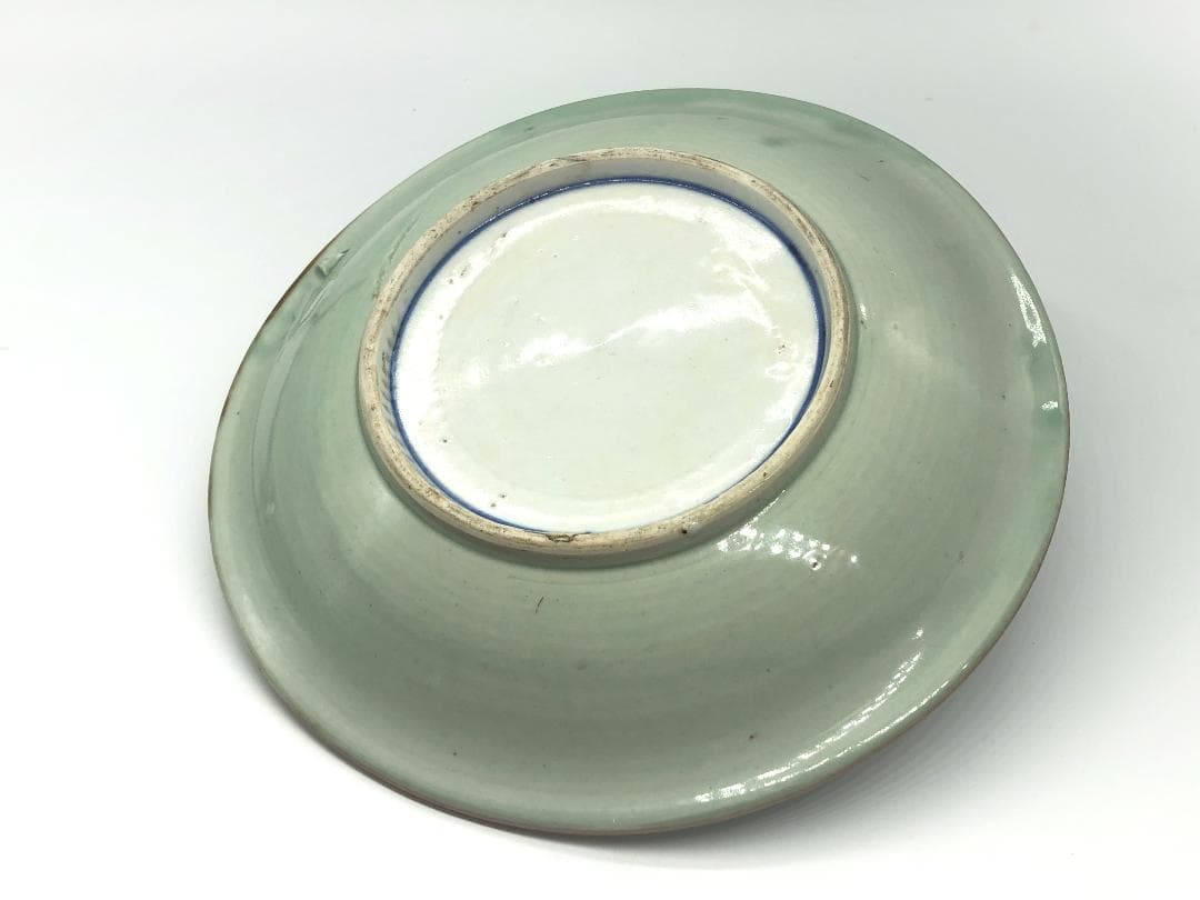 【 青磁染付菊扇文皿 】　古伊万里　収蔵骨董