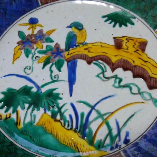 古九谷　角福青手　花鳥文 高台 輪花皿