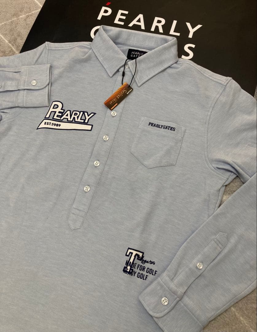 新品 パーリーゲイツ ストレッチカノコスムースピーチ 長袖ポロシャツ(5)L/青