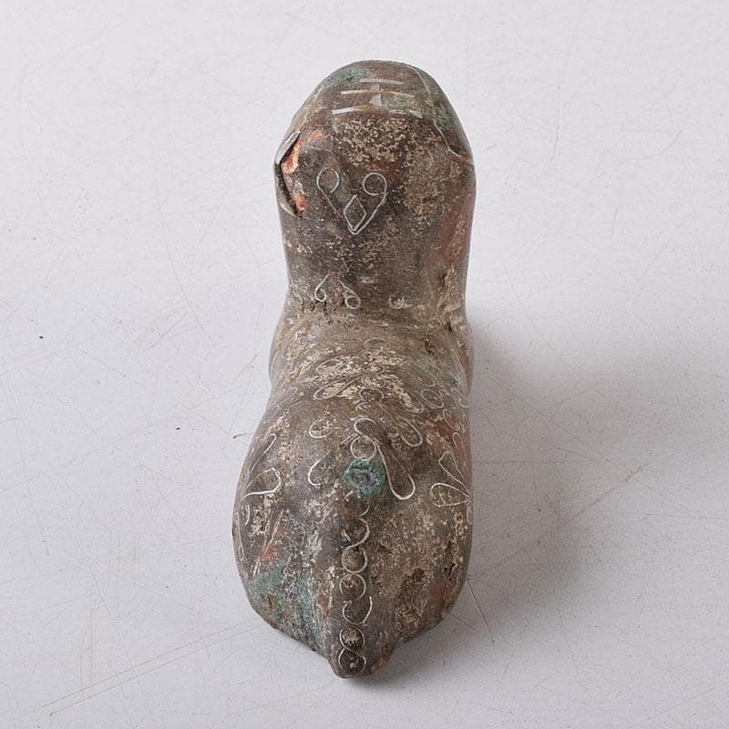 中国　天然石彫刻　銀象嵌彩色　神獣　紙鎮　置物　C　R8592