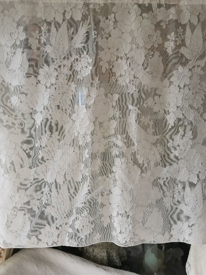 アンティーク ノッティンガムマドラスレース 餌やり鳥の親子 薔薇紋カーテンパネル