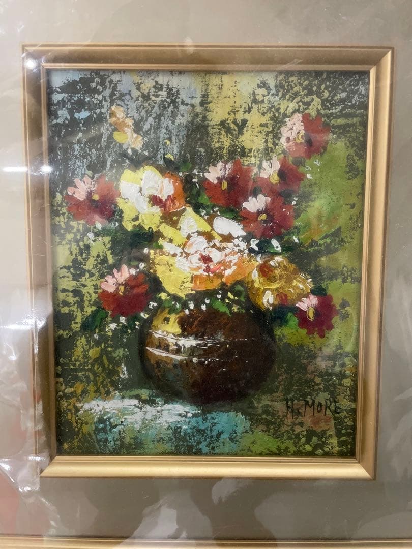 H. More 油彩画 花瓶の花