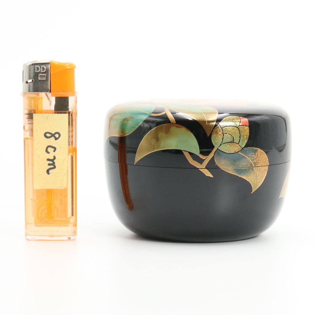 桜井一良作 椿蒔絵 平棗 金梨子地 金蒔絵 茶道具 共箱共布　M347　TC1