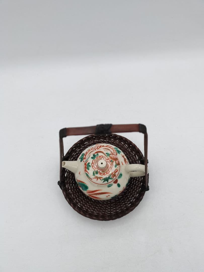 c793 煎茶　廻し篭セット 赤絵 後手急須 晃雲作 廻し籠　茶道具 古物