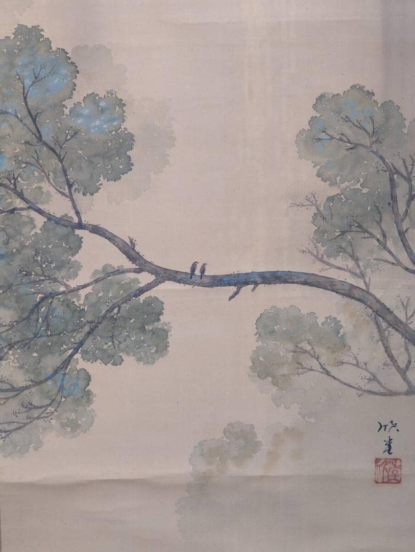 【真作】掛軸　滝景山水図　水墨美と彩色の調和　涼を呼ぶ掛物　合箱入　T195