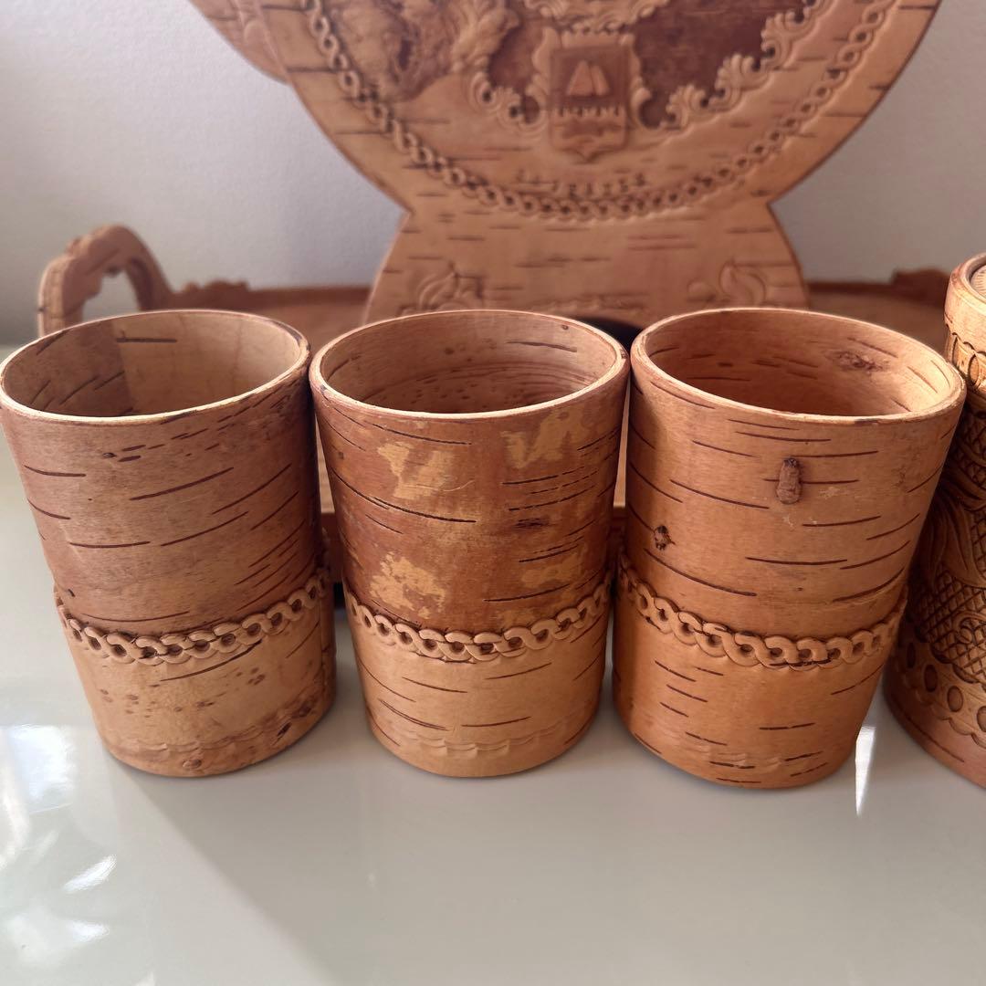 白樺の樹皮で作られたロシアの伝統的な茶器セット 6点セット