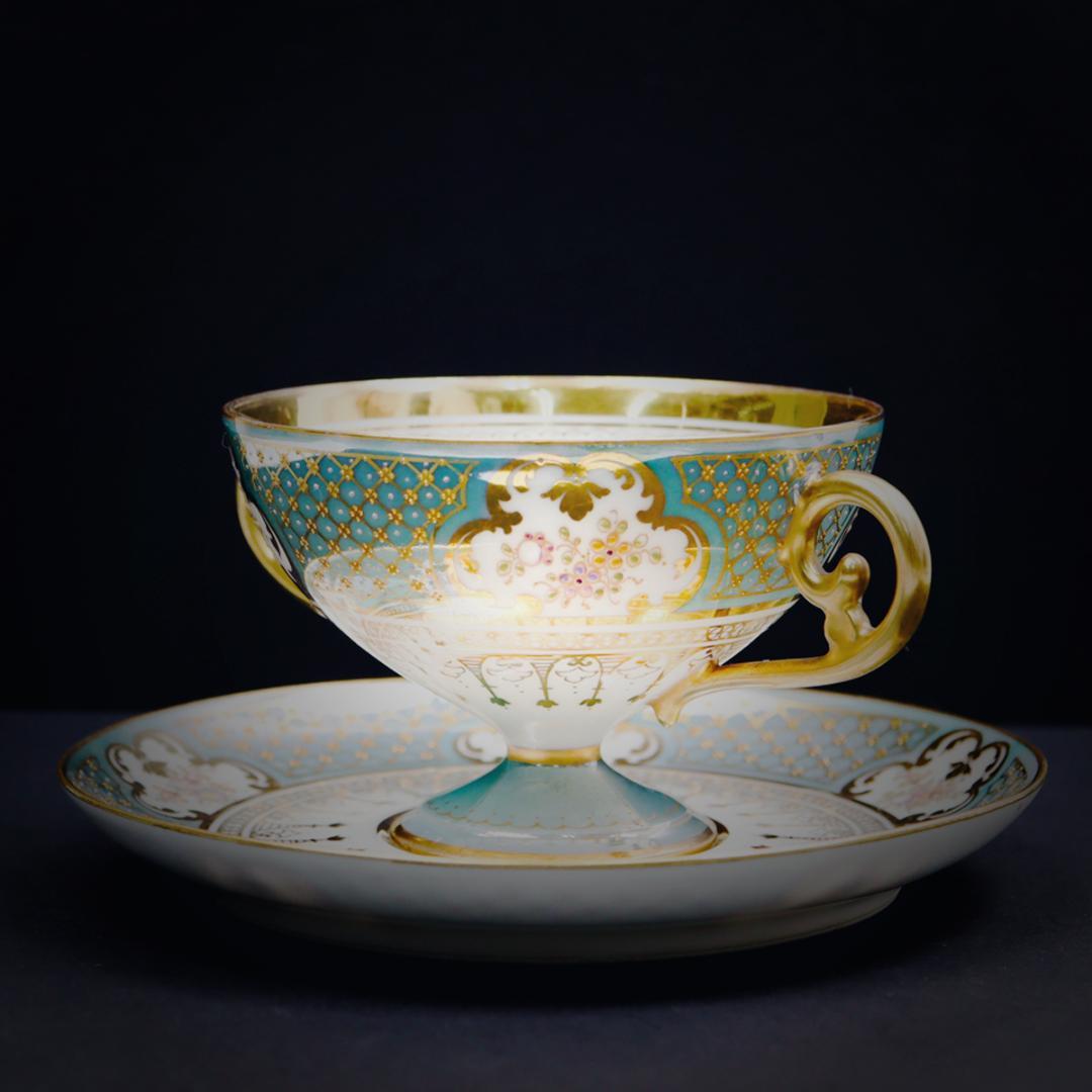 ドレスデン磁器 ドナー工房 モノグラム＆ターコイズ ブイヨンカップ＆ソーサー